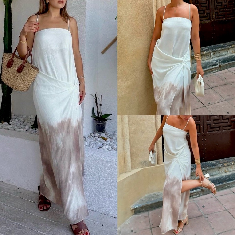 Zara NWT ombré tie dye beige brown white midi maxi dress with side slit